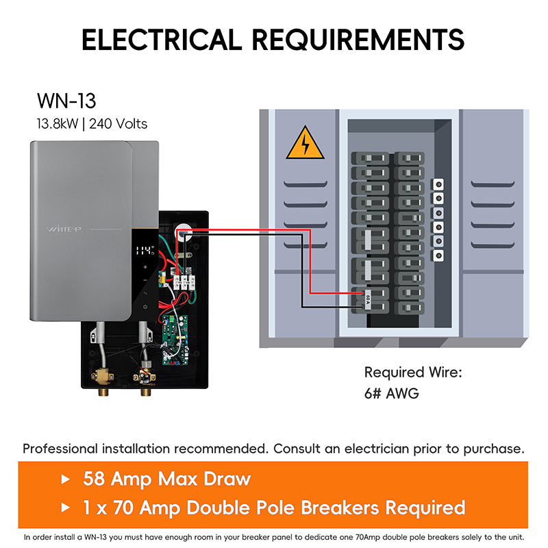 WN13 Gray 240V / 13.8KW Multiple Water Supply Tankless Electric Water Heater