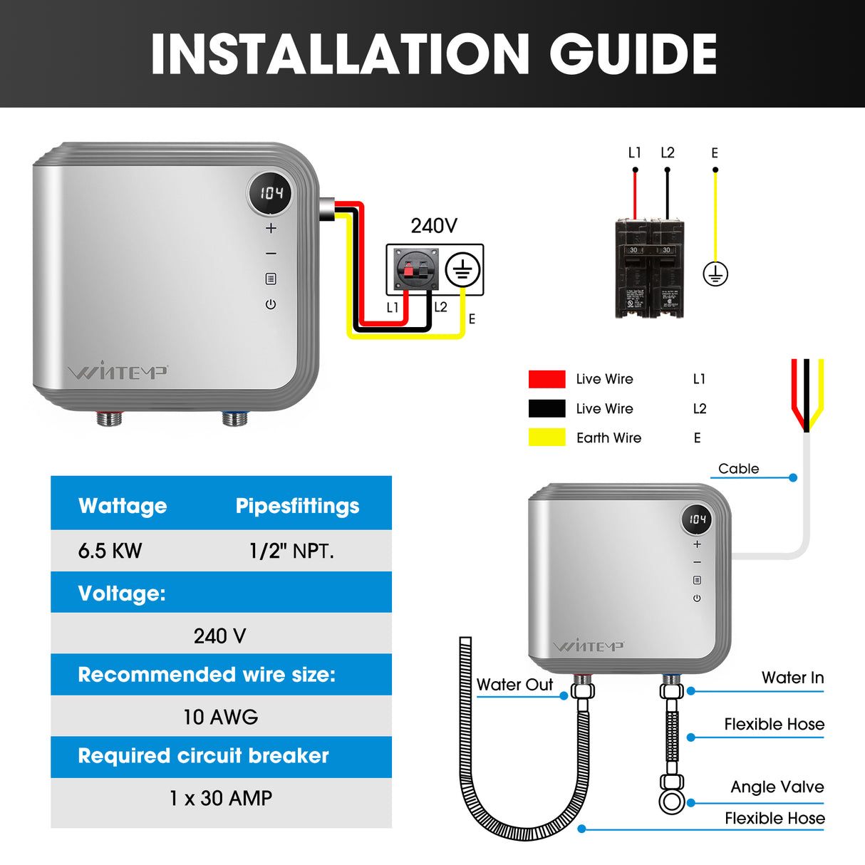 KFU65 Sliver 240V / 6.5KW Point-of-Use Electric Tankless Water Heater